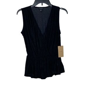 Halogen Women Size XS Flocked Oval Blue Peplum Sleeveless Top Deep V-Neck NWT